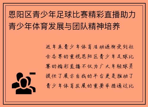 恩阳区青少年足球比赛精彩直播助力青少年体育发展与团队精神培养